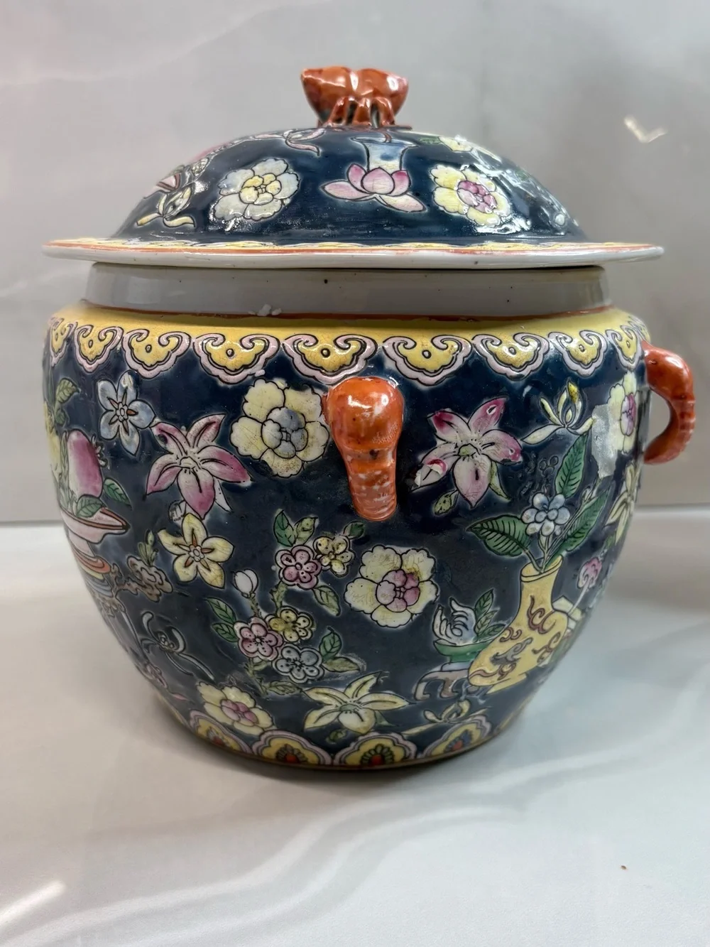 Vintage Chinoiserie Porcelain Ginger Jar Cobalt Blue Floral Lidded Jar